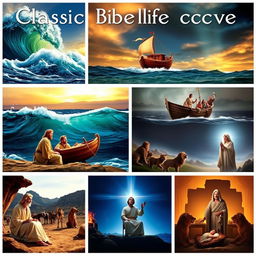 A collection of classic and iconic Bible movie scenes, depicting dramatic and impactful moments from various biblical stories