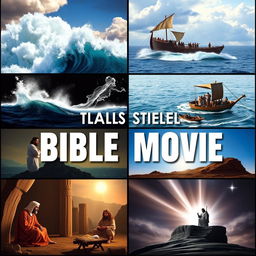 A collection of classic and iconic Bible movie scenes, depicting dramatic and impactful moments from various biblical stories