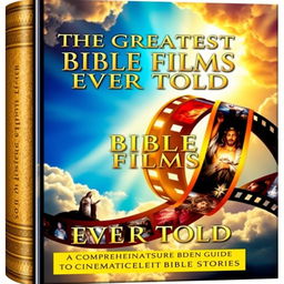 An awe-inspiring book cover for "The Greatest Bible Films Ever Told", featuring iconic scenes from classic biblical films