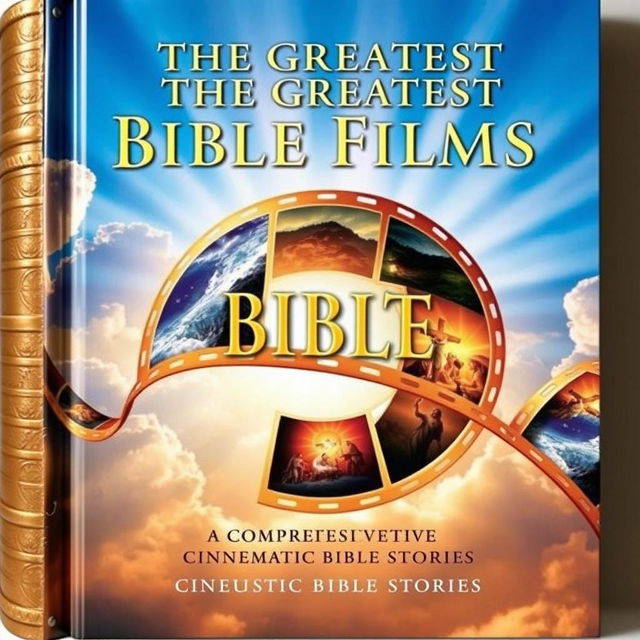 An awe-inspiring book cover for "The Greatest Bible Films Ever Told", featuring iconic scenes from classic biblical films