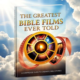 An awe-inspiring book cover for "The Greatest Bible Films Ever Told", featuring iconic scenes from classic biblical films