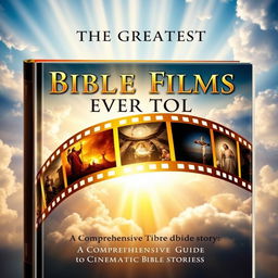 An awe-inspiring book cover for "The Greatest Bible Films Ever Told", featuring iconic scenes from classic biblical films