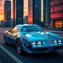 A futuristic 1979 Pontiac Firebird EV car, sleek and glossy with an electric blue finish