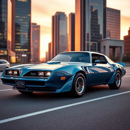 A futuristic 1979 Pontiac Firebird EV car, sleek and glossy with an electric blue finish