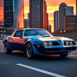 A futuristic 1979 Pontiac Firebird EV car, sleek and glossy with an electric blue finish