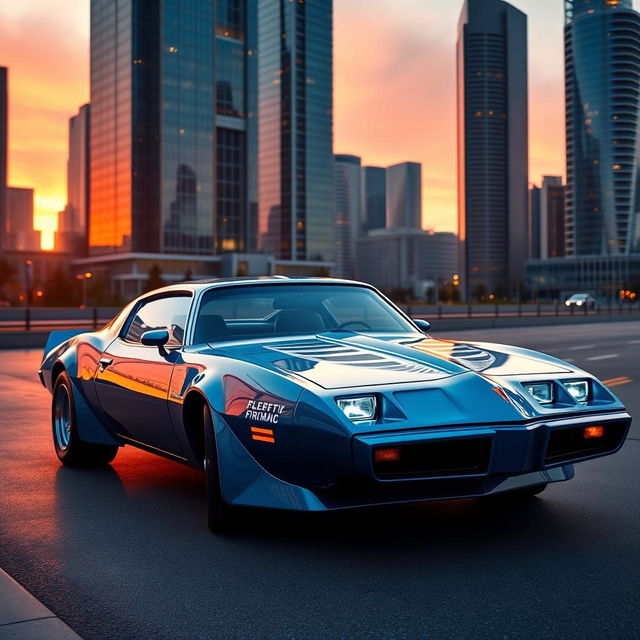 A futuristic 1979 Pontiac Firebird EV car, sleek and glossy with an electric blue finish