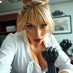 An extreme close-up of a gorgeous female with a blonde bun hairstyle and bangs, wearing a white blouse tied in the front