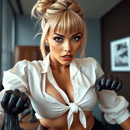 An extreme close-up of a gorgeous female with a blonde bun hairstyle and bangs, wearing a white blouse tied in the front