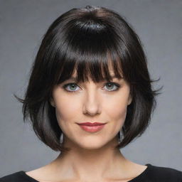 Alter the current image: shorten the subject's hair, color it black, and add stylish bangs.