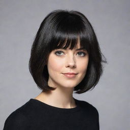 Alter the current image: shorten the subject's hair, color it black, and add stylish bangs.