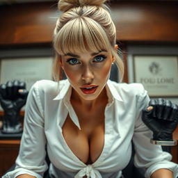 extreme close-up of a gorgeous female with a blonde bun hairstyle with bangs, wearing a white blouse tied in front, showcasing a large chest with visible cleavage