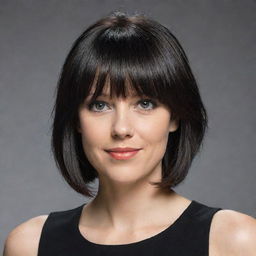 Alter the current image: shorten the subject's hair, color it black, and add stylish bangs.