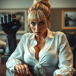 A stunning woman with a blonde bun featuring bangs is seated in an office, leaning on a desk