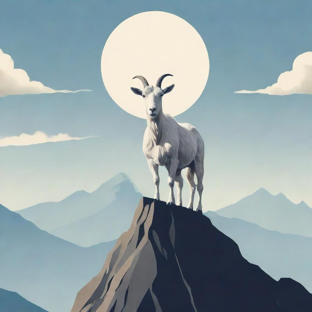 Illustration of a goat standing proudly on top of a mountain peak, signifying the concept of 'Greatest of all time'.