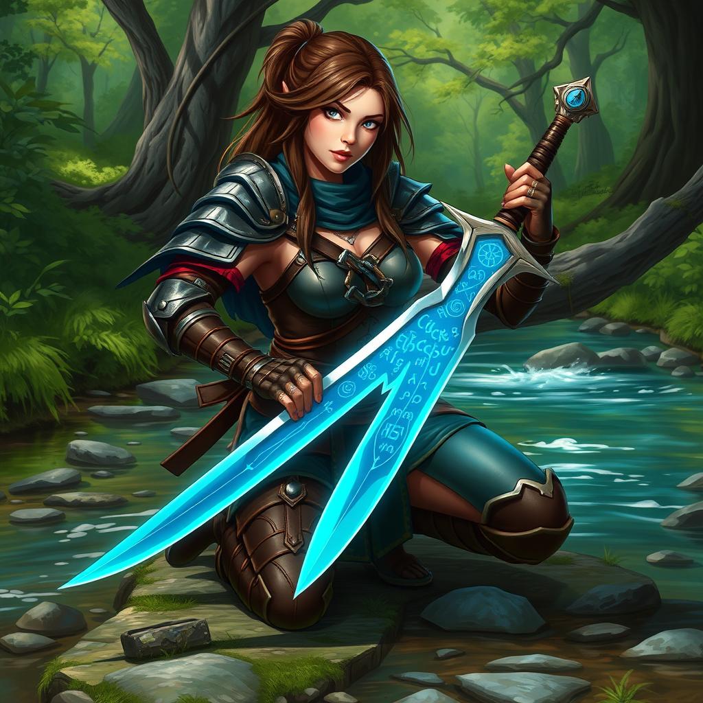 A fantasy warrior woman character, confidently kneeling by a serene stream in a lush green forest, wearing intricate leather armor