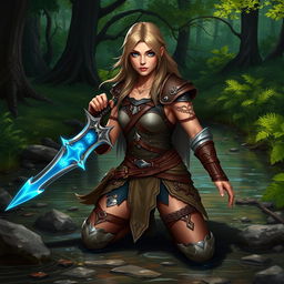 A fantasy warrior woman character, confidently kneeling by a serene stream in a lush green forest, wearing intricate leather armor