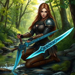 A fantasy warrior woman character, confidently kneeling by a serene stream in a lush green forest, wearing intricate leather armor