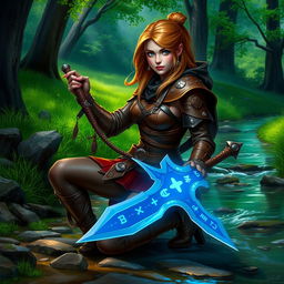 A fantasy warrior woman character, confidently kneeling by a serene stream in a lush green forest, wearing intricate leather armor