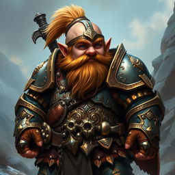 A dwarf warrior from a fantasy world, clad in intricately detailed armor that reflects both functionality and the artistry of craftsmanship