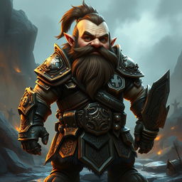 A dwarf warrior from a fantasy world, clad in intricately detailed armor that reflects both functionality and the artistry of craftsmanship