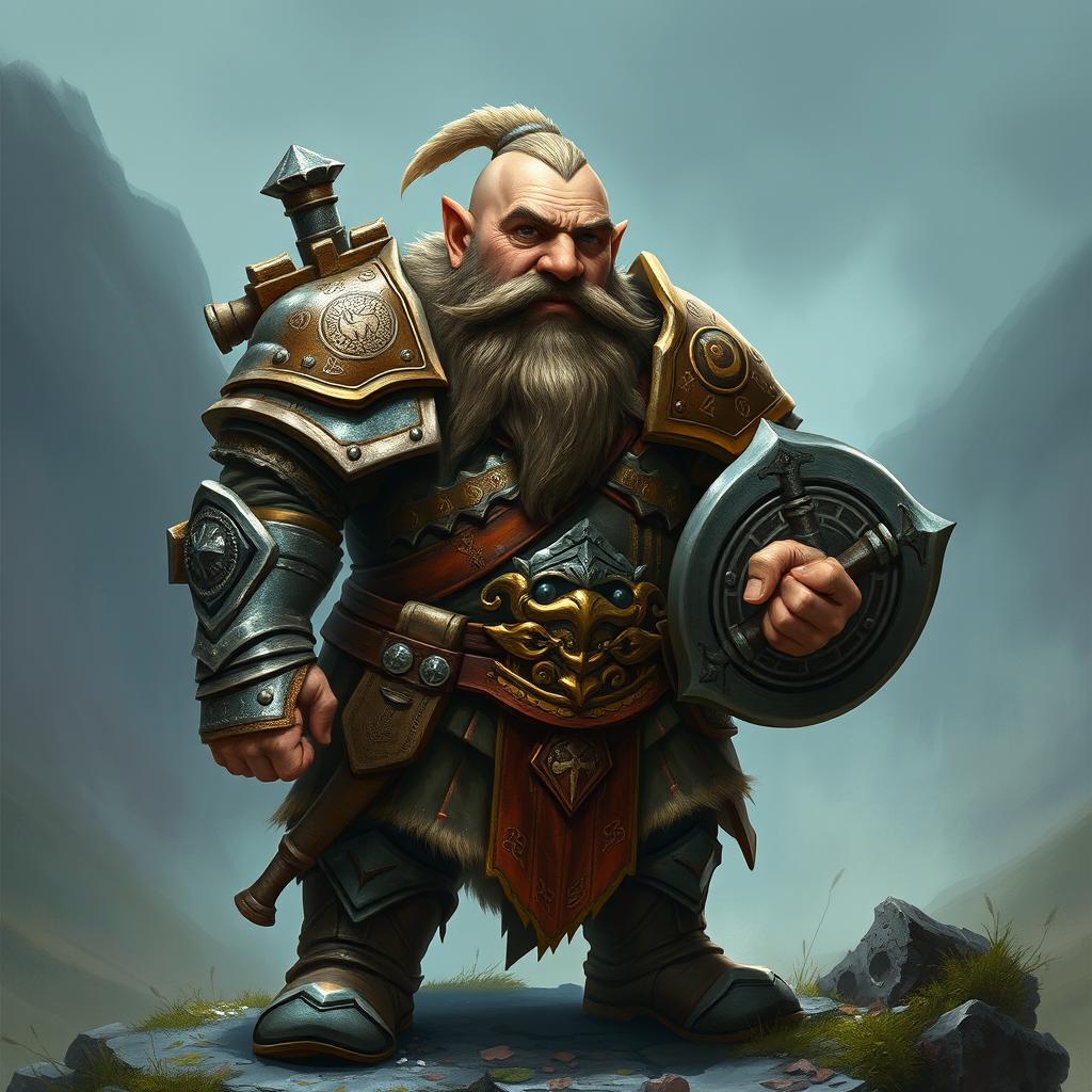 A dwarf warrior from a fantasy world, clad in intricately detailed armor that reflects both functionality and the artistry of craftsmanship