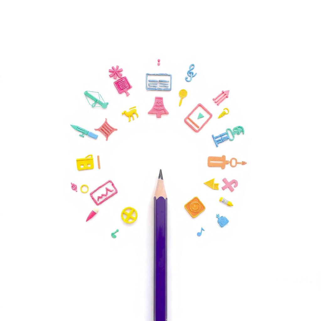 A completely white background highlighting the vivid colors of symbols and a pencil, conveying the idea that the future is a blank canvas ready to be designed