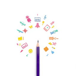 A completely white background highlighting the vivid colors of symbols and a pencil, conveying the idea that the future is a blank canvas ready to be designed