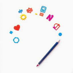 A completely white background highlighting the vivid colors of symbols and a pencil, conveying the idea that the future is a blank canvas ready to be designed