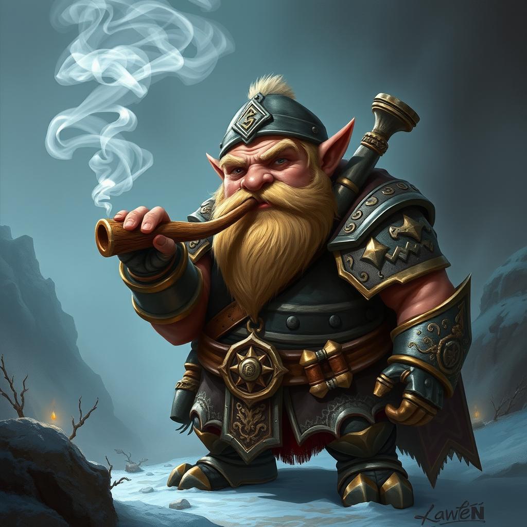 A dwarf warrior from a fantasy world, clad in intricately detailed armor that reflects both functionality and the artistry of craftsmanship