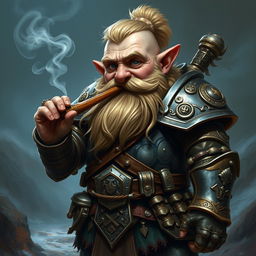 A dwarf warrior from a fantasy world, clad in intricately detailed armor that reflects both functionality and the artistry of craftsmanship