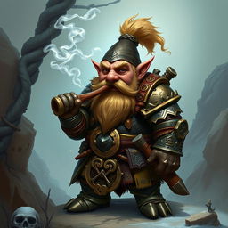 A dwarf warrior from a fantasy world, clad in intricately detailed armor that reflects both functionality and the artistry of craftsmanship