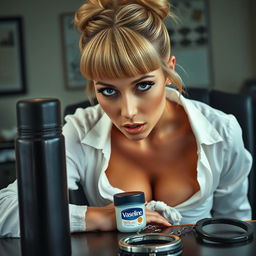 extreme close-up of a gorgeous woman with a blond bun hairstyle featuring bangs, wearing a white blouse tied in front revealing her large chest and prominent cleavage