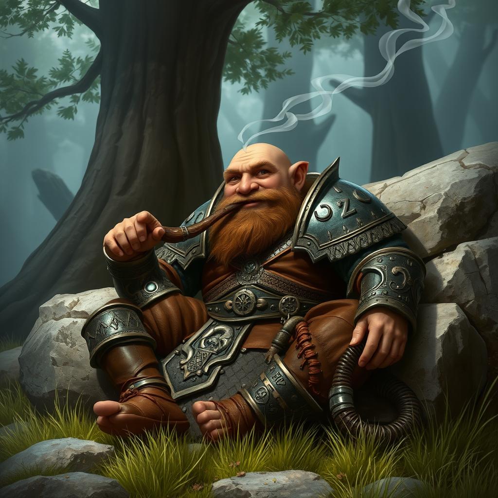 A dwarf warrior from a fantasy world, taking a well-earned rest