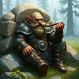 A dwarf warrior from a fantasy world, taking a well-earned rest