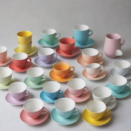 A playful collection of variously styled and colored teacups