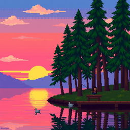 A nostalgic pixel art scene depicting a serene lakeside view during sunset