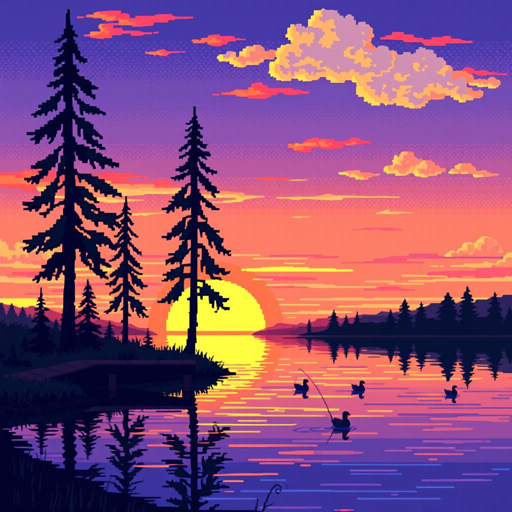 A nostalgic pixel art scene depicting a serene lakeside view during sunset