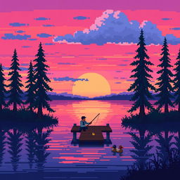 A nostalgic pixel art scene depicting a serene lakeside view during sunset