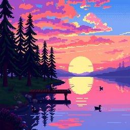 A nostalgic pixel art scene depicting a serene lakeside view during sunset