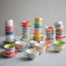 A playful collection of variously styled and colored teacups