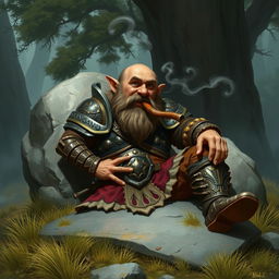 A dwarf warrior from a fantasy world, taking a well-earned rest