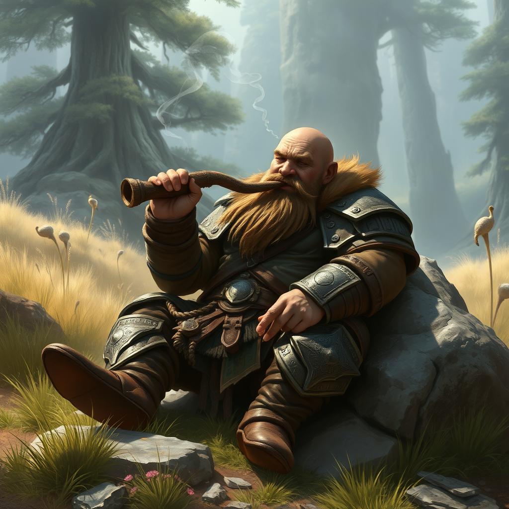 A dwarf warrior from a fantasy world, taking a well-earned rest