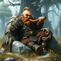 A dwarf warrior from a fantasy world, taking a well-earned rest