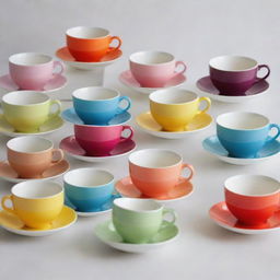 A playful collection of variously styled and colored teacups