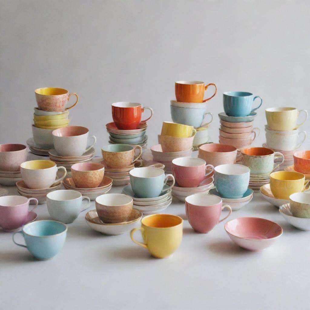 A playful collection of variously styled and colored teacups