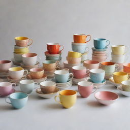 A playful collection of variously styled and colored teacups