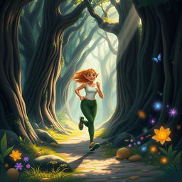 An elf girl jogging through a magical forest, her agile form weaving gracefully between the ancient, towering trees