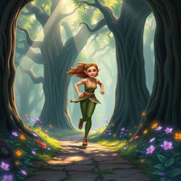 An elf girl jogging through a magical forest, her agile form weaving gracefully between the ancient, towering trees