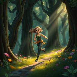 An elf girl jogging through a magical forest, her agile form weaving gracefully between the ancient, towering trees