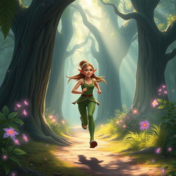 An elf girl jogging through a magical forest, her agile form weaving gracefully between the ancient, towering trees